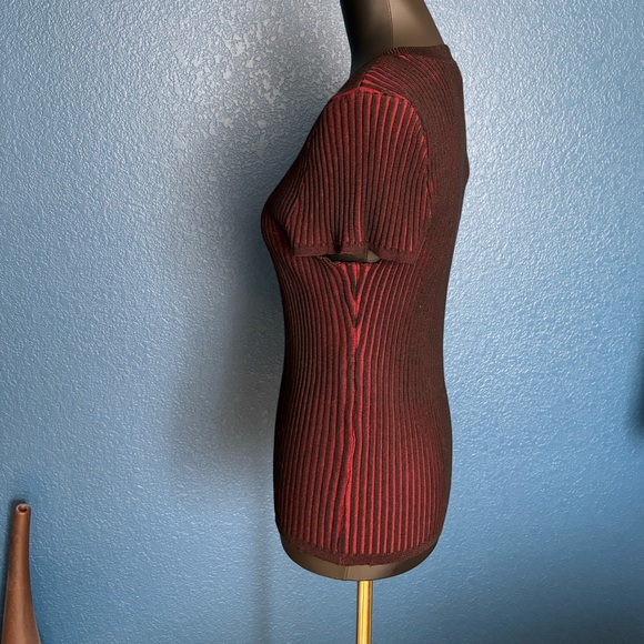 DKNY Black and Red Striped Short Sleeve Top, Shell, form-fitted, stretch - Picture 9 of 13